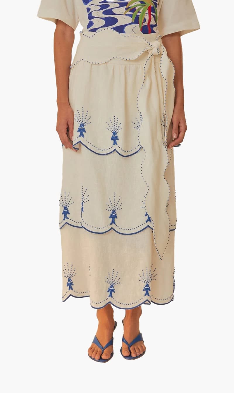 Farm Rio White Linen Blend Layered Midi Skirt for Women
