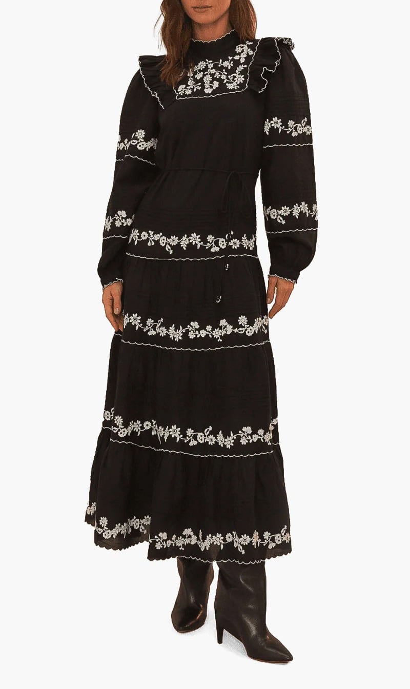 Farm Rio Black Embroidered Long Sleeve Maxi Dress for Women