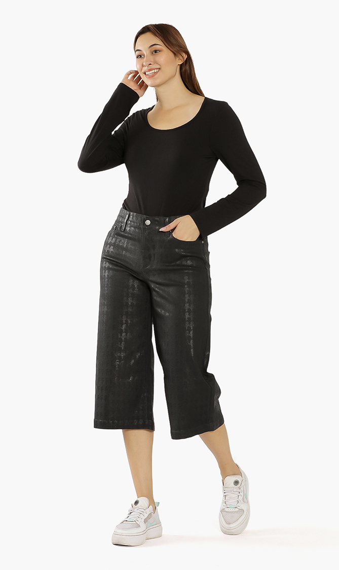 Printed Denim Culottes, Black