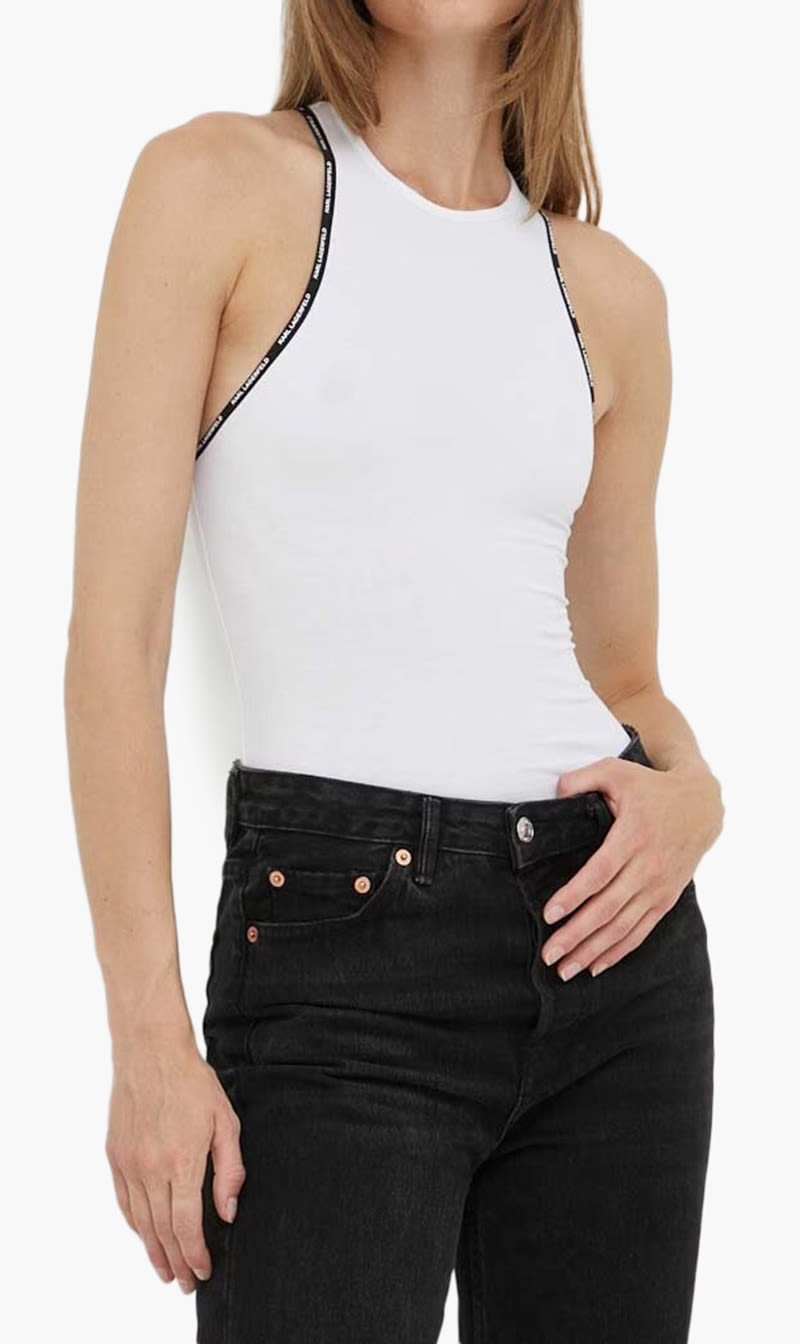 

Karl Lagerfeld White Mini Logo Racer Back Bodysuit for Women | The Deal Outlet