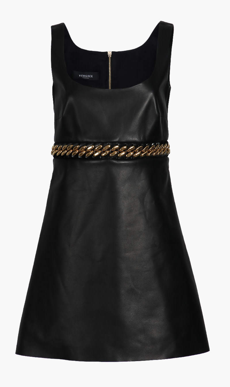 

Sleeveless Chain Plain Leather Dress, Black