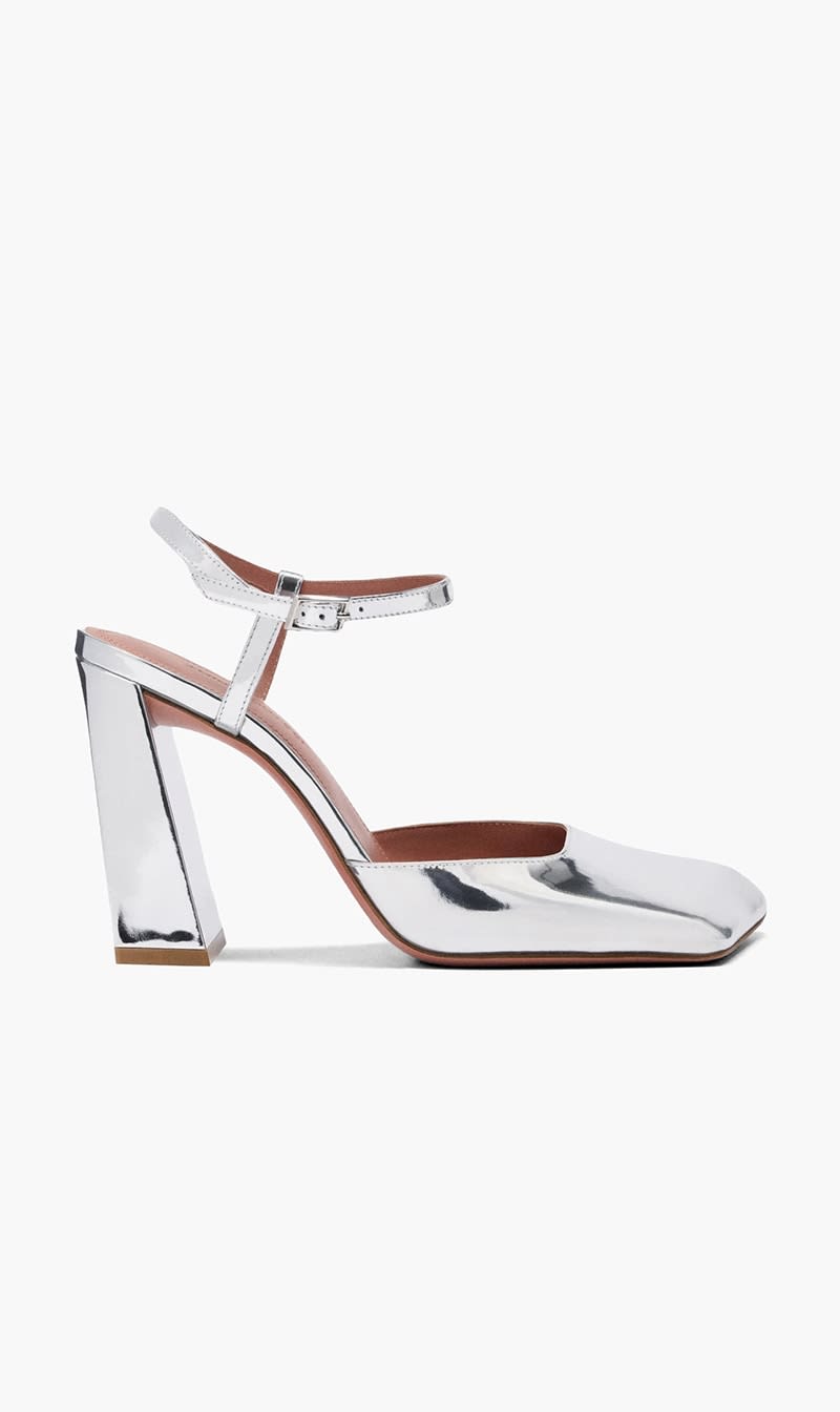 

Amina Muaddi Silver Charlotte Pump Mirror Silver 95 Mm Block Heel - New Style for Women | The Deal Outlet