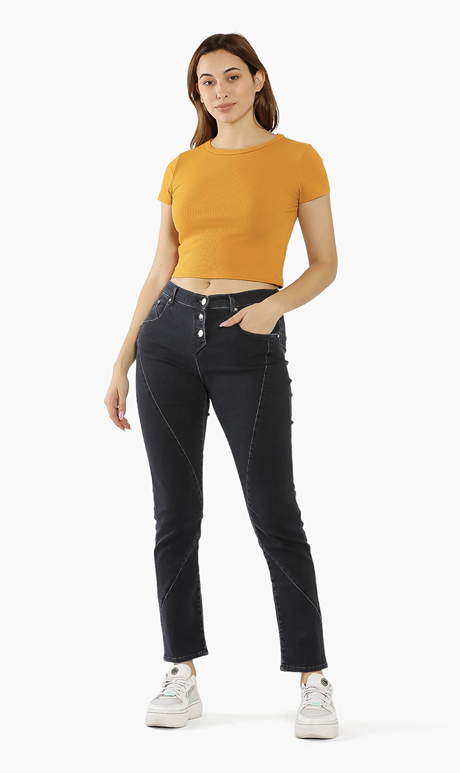 

Button-fly Stretch Fit Jeans, Black