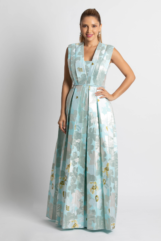

Paule Ka Jacquard Flower Sleeveless Gown