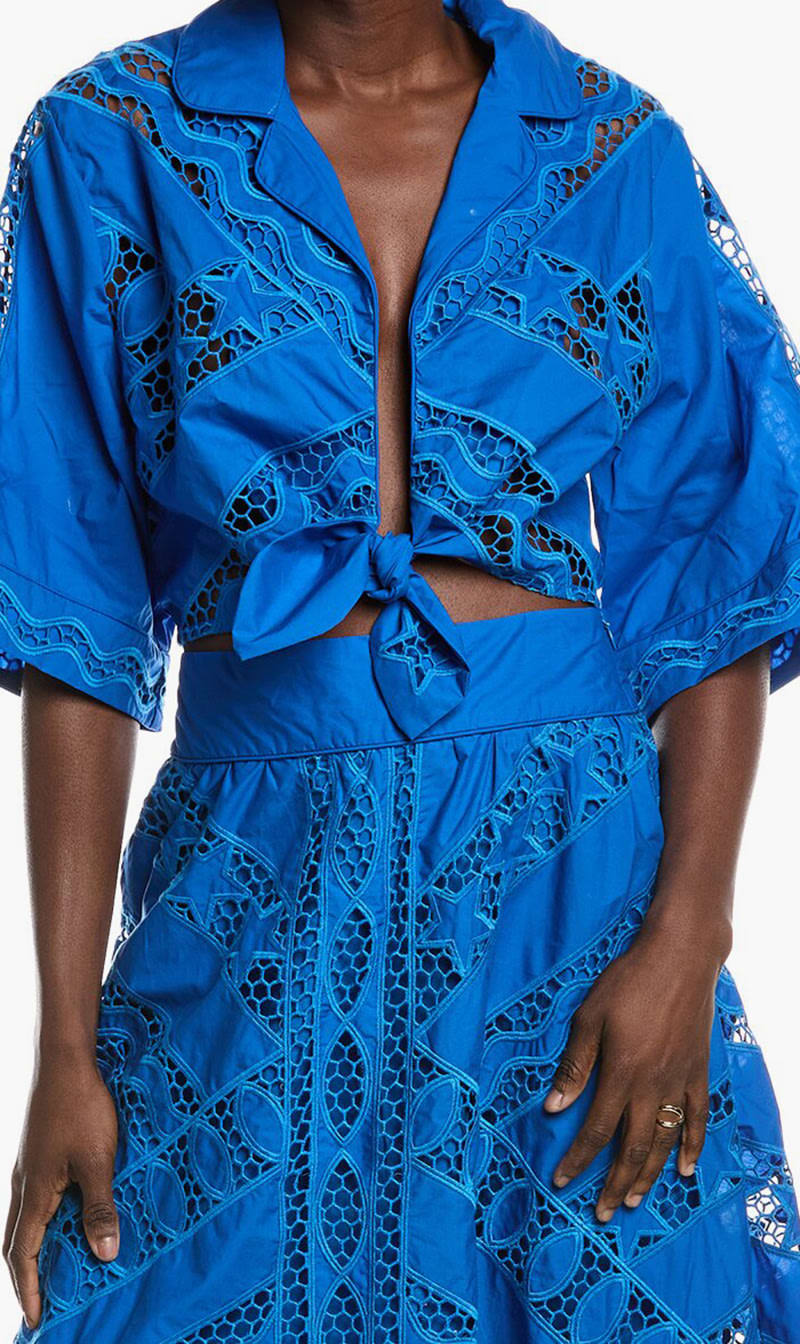 

Farm Rio Blue Blue Striped Richelieu Long Sleeve Blouse for Women | The Deal Outlet