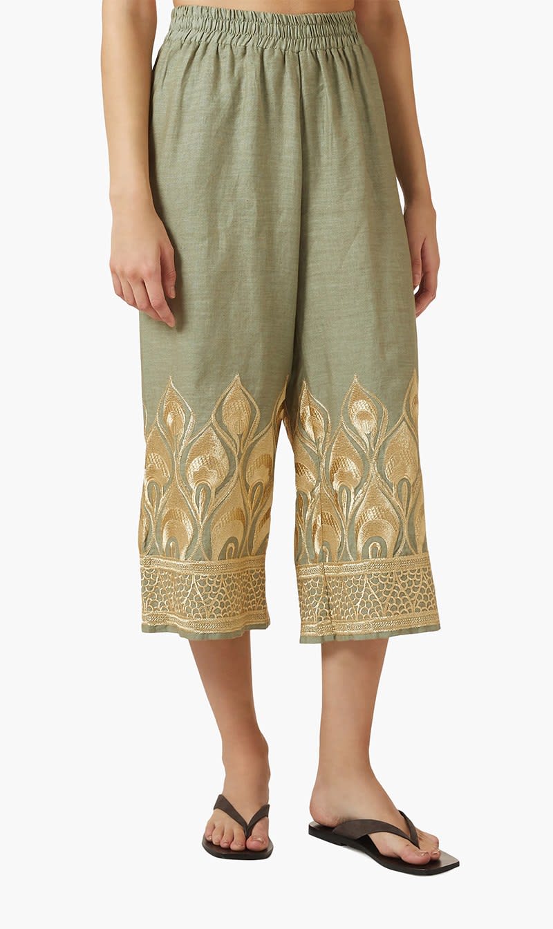 Greek Archaic Kori Green Embroidered Crop Pants for Women