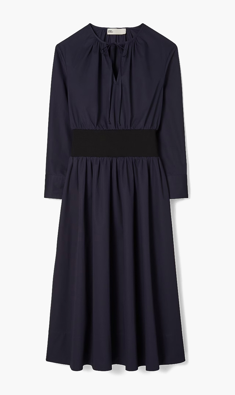 

Tory Burch Blue Poplin Knit Waist Dress for Women | The Deal Outlet