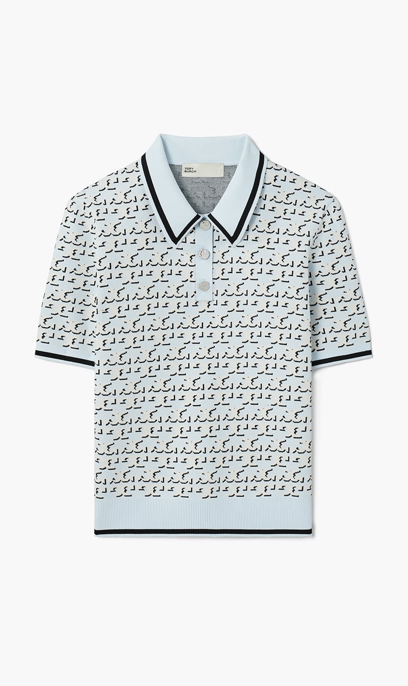 

Tory Burch Blue Logo Jacquard Polo Top for Women | The Deal Outlet