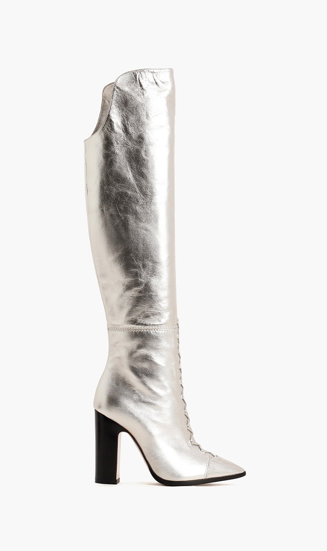 

Leather Lace-up Knee Boots, Silver