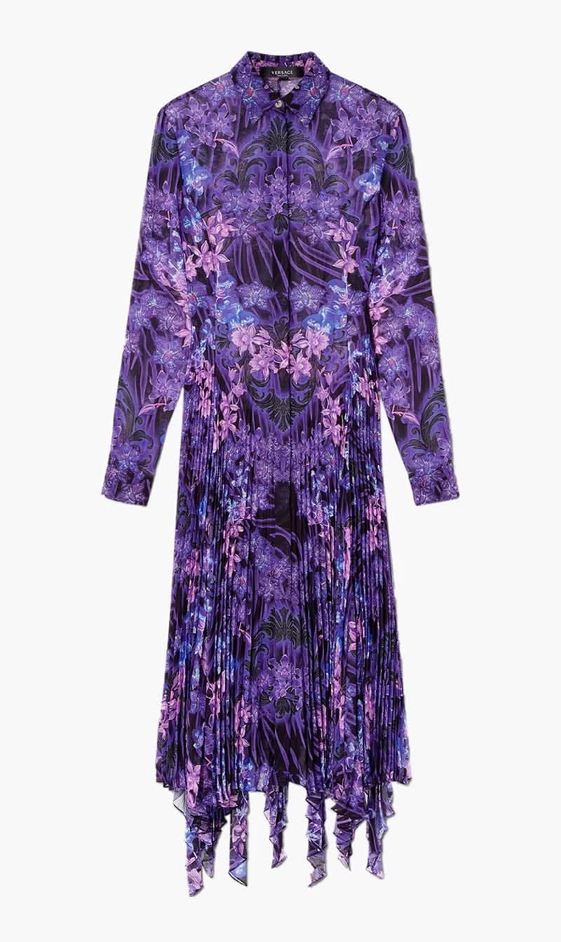 

Versace Multi-color Orchid Barocco Print Midi Shirt Dress for Women | The Deal Outlet