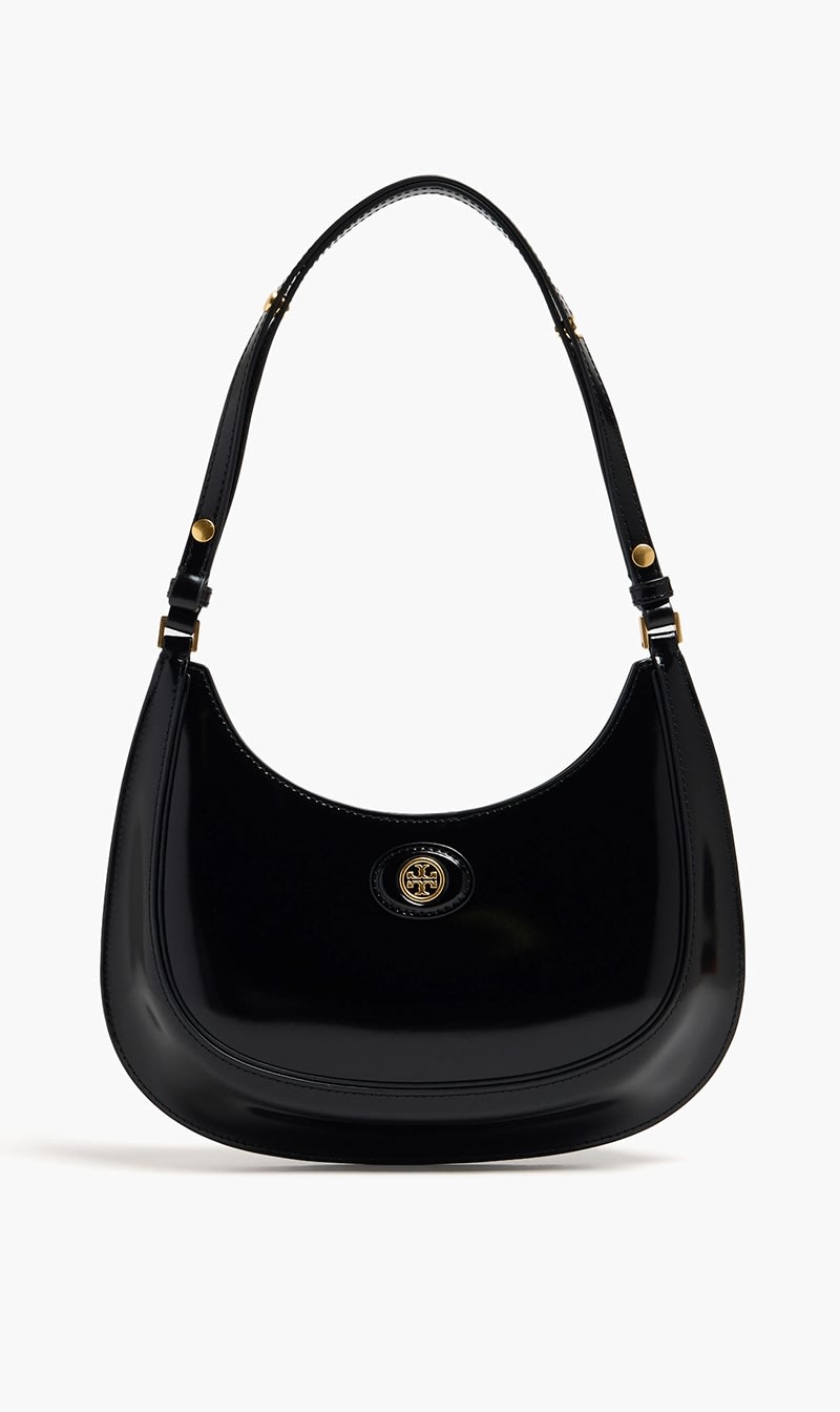 

Tory Burch Black Robinson Spazzolato Convertible Crescent Bag for Women | The Deal Outlet