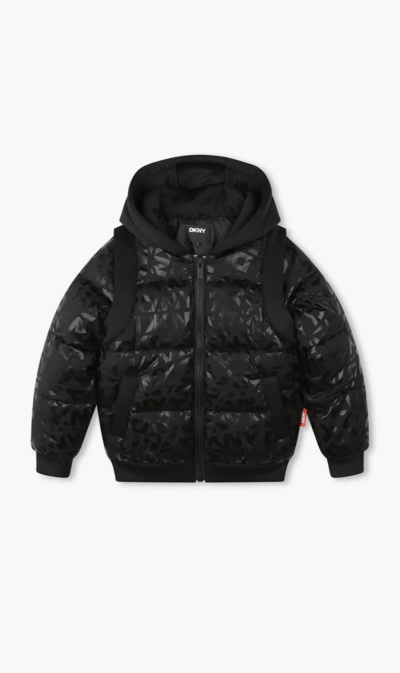 

Dkny Black Monogram Print Puffer Jacket for Boys | The Deal Outlet