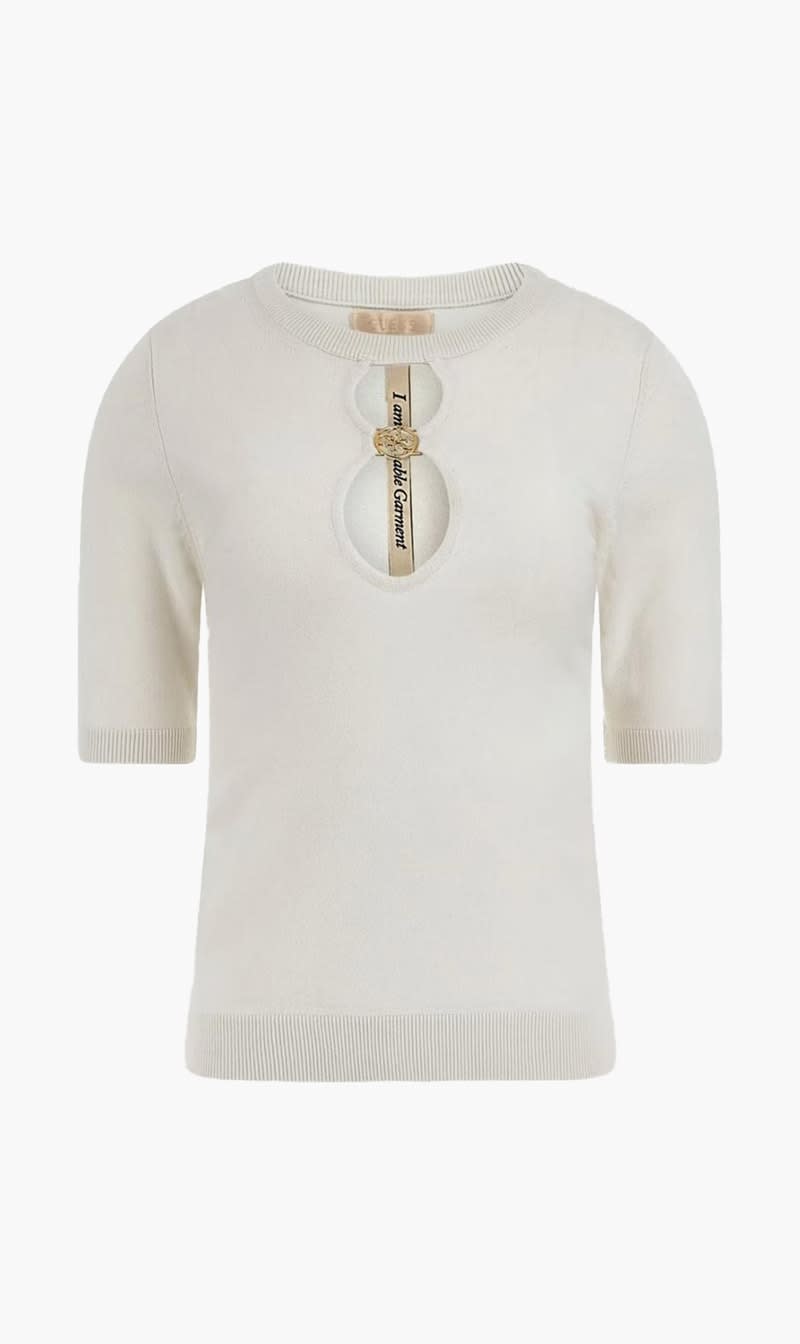 

Guess Beige Rylee Knit Top With Logo Detail for Women | The Deal Outlet