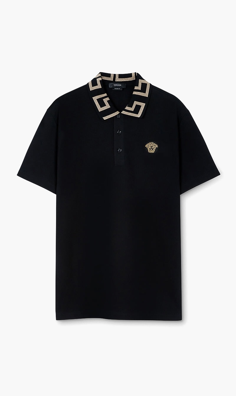 Versace Black Polo Ctn Taylor Fit Emb Medusa Greca Collar for Men