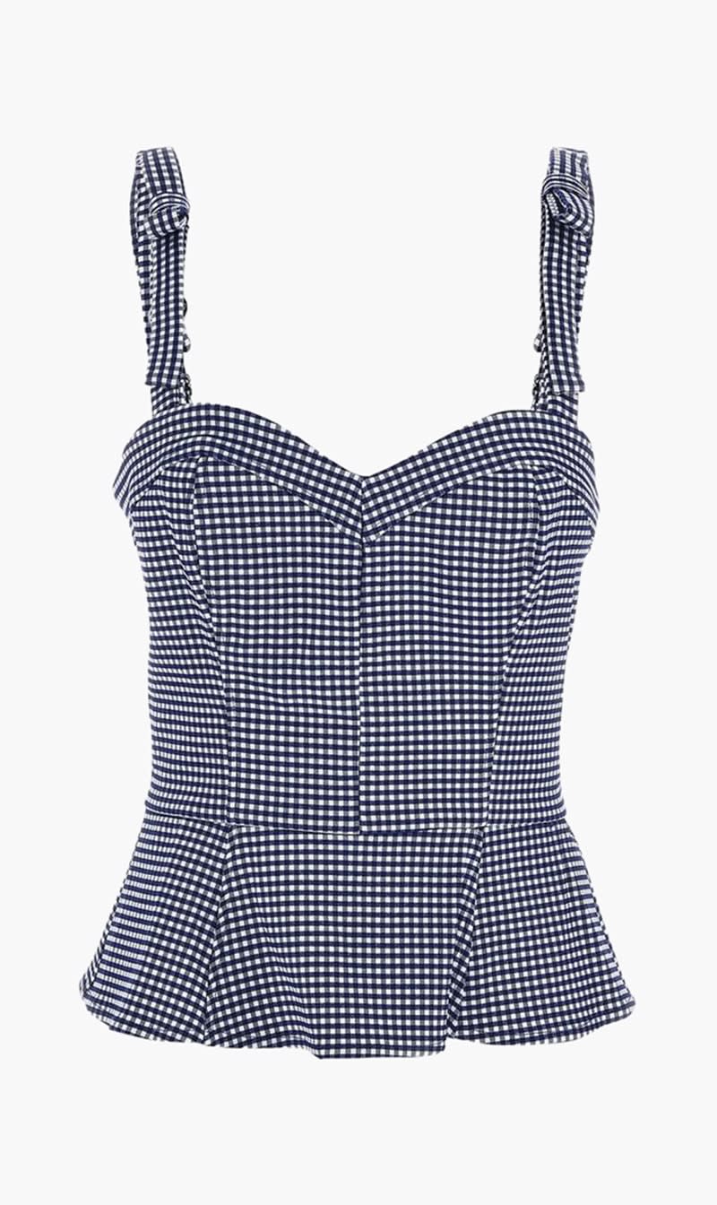 

Guess Blue Ghigham Check Print Bustier Top for Women | The Deal Outlet