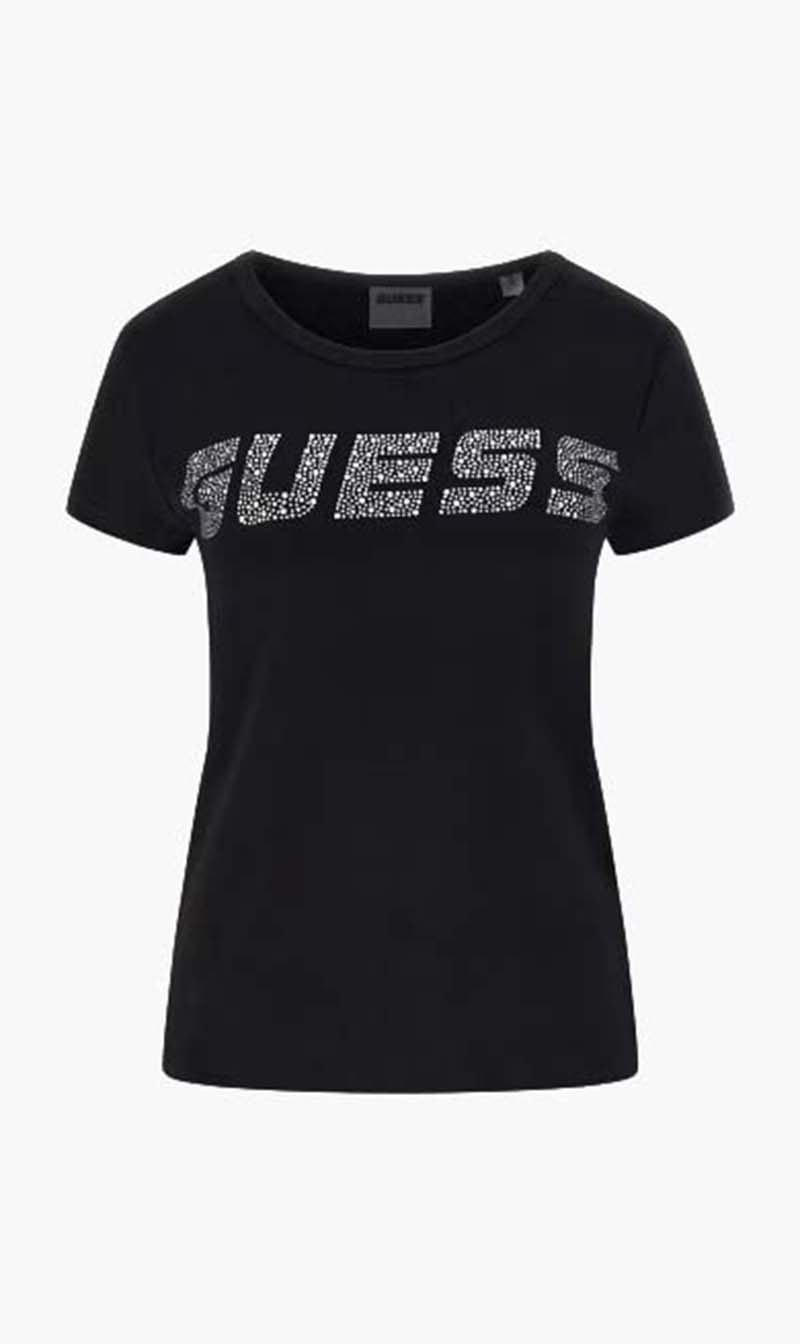 Black Guess White Rhinestone Logo T-shirt for Women