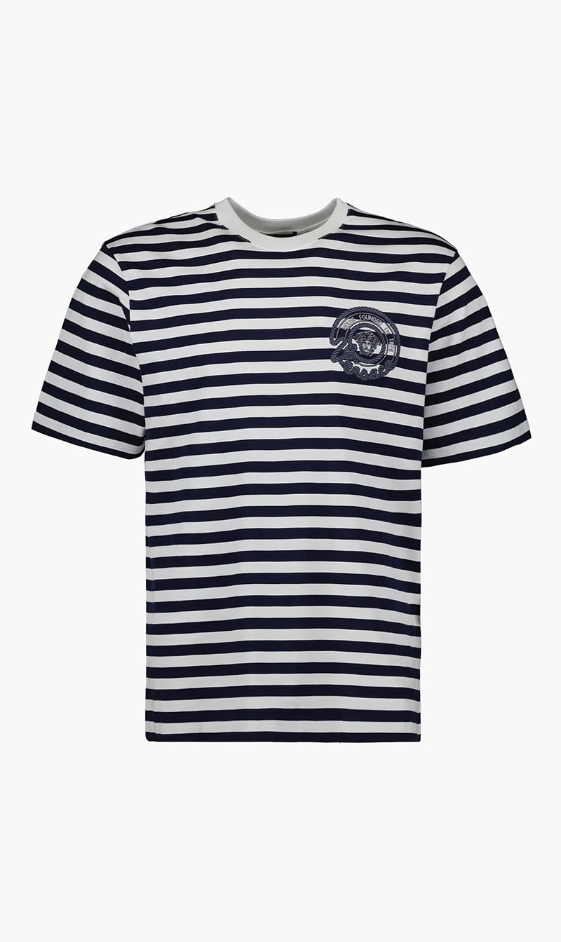 

Versace White T-shirt Striped Jersey Fabric + Embroidered Versace Nautical Emblem for Men | The Deal Outlet