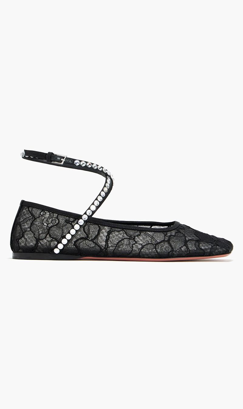 

Amina Muaddi Black Ane Mesh Crystal Ballet Flats for Women | The Deal Outlet