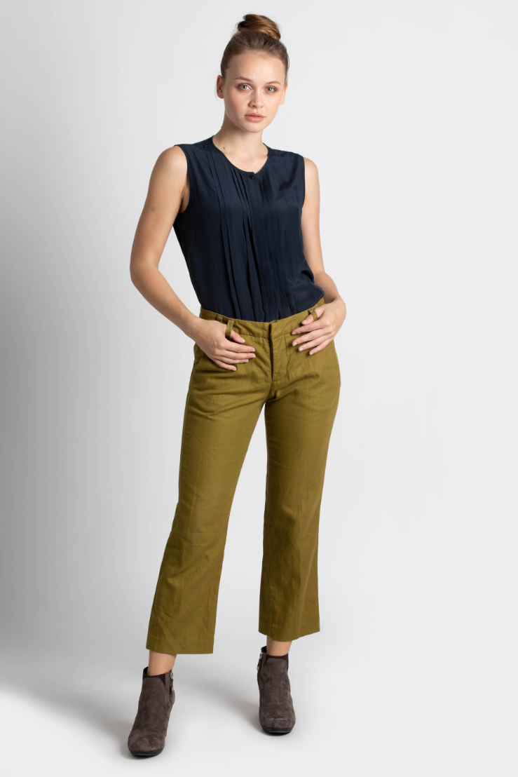 Button Fly Cropped Pants, Green
