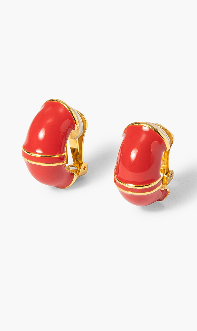 

Kenneth Jay Lane Gold With Red Enamel Half Hoop Clip Earring