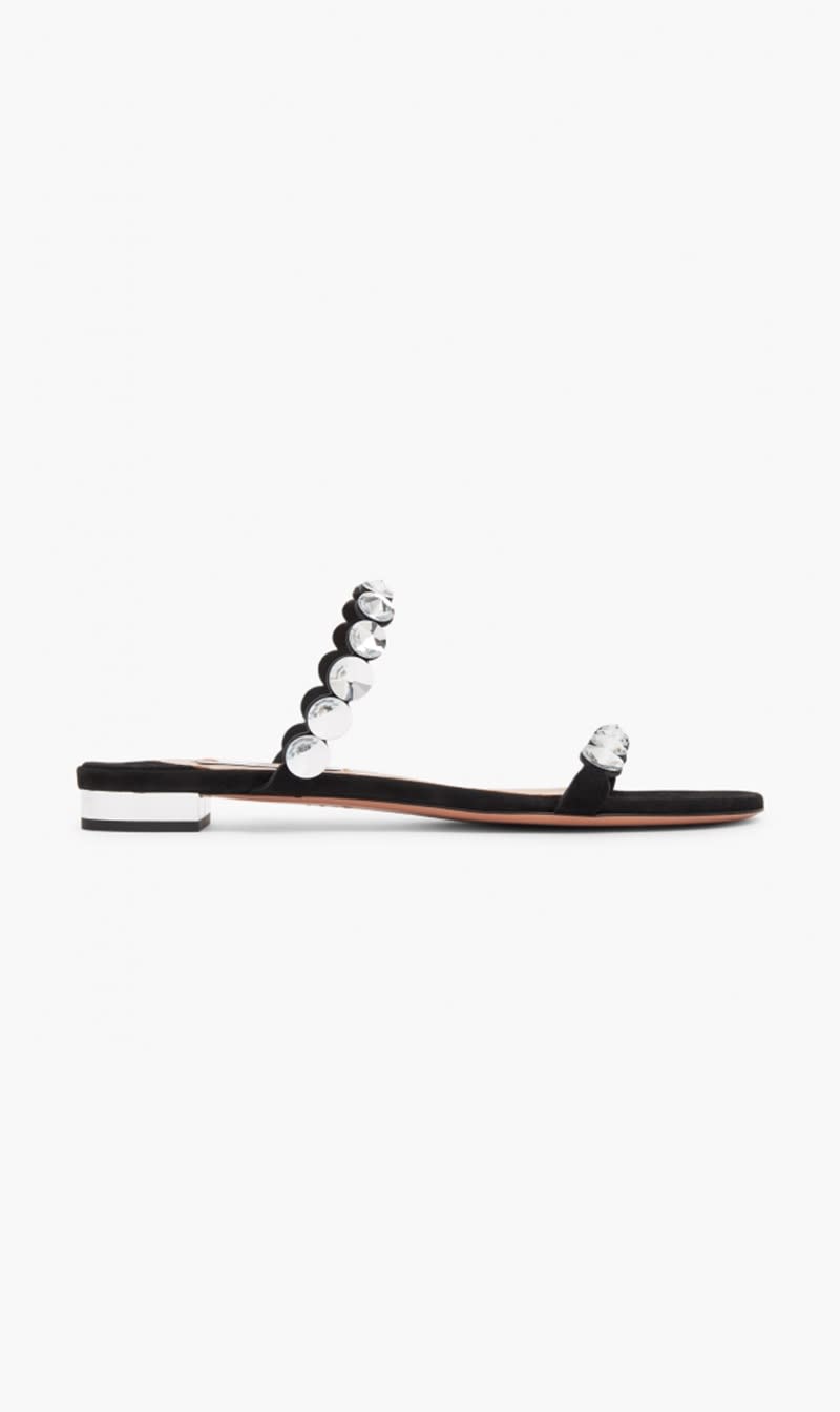 

Aquazzura Firenze Black Maxitequila Flat Sandals for Women | The Deal Outlet