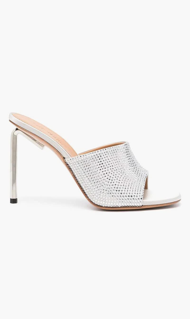 

Off-white Grey Shiny High Allen Satin Mule Grey Silver for Women | The Deal Outlet