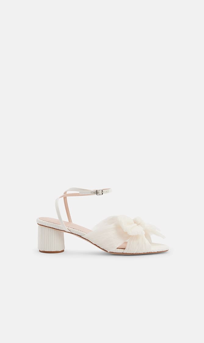 

Loeffler Randall White Dahlia 50mm Pleated Knot Sandal With Ankle Strap for Women | The Deal Outlet