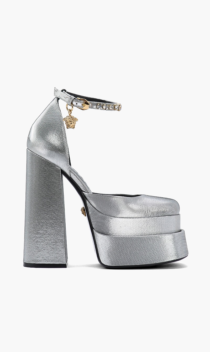 

Versace Silver Tessuto Lurex Heel Sandals for Women | The Deal Outlet