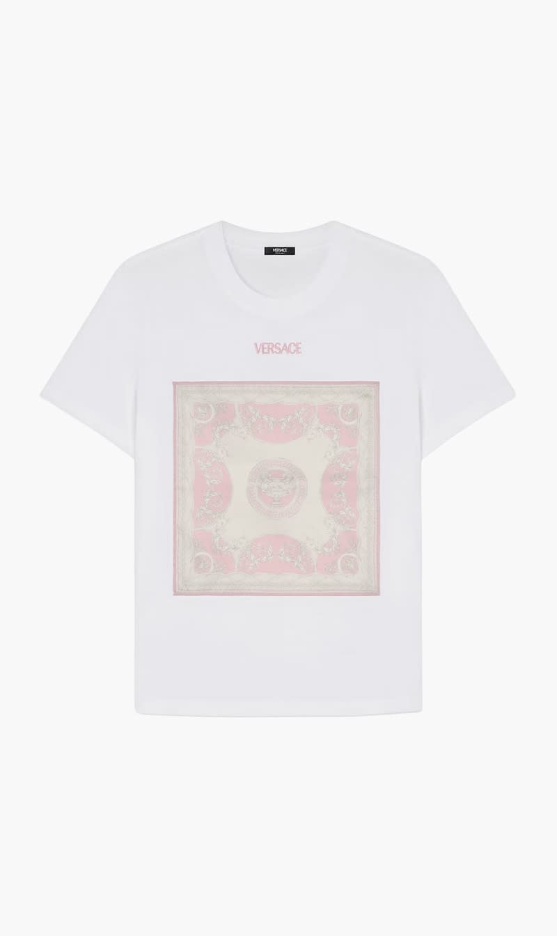 

Versace White T-shirt Cotton Jersey With Twill Poly Coupe Des Dieux Barocco Foulard for Women | The Deal Outlet