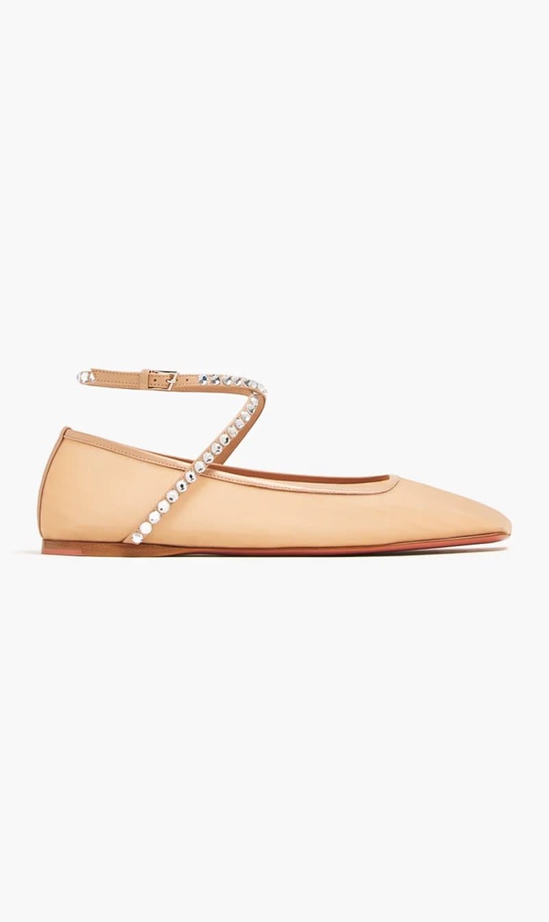 

Amina Muaddi Beige Ane Mesh Crystal Ballet Flats for Women | The Deal Outlet
