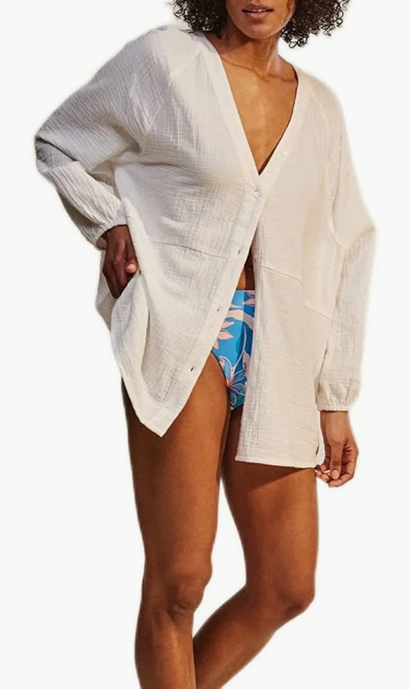 Roxy White Tidelines Shirt Swim Cover Up for Women