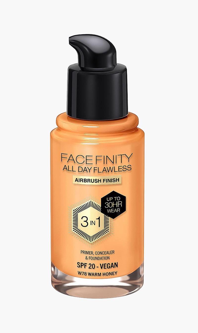 

Max Factor Facefinity All Day Flawless. Liquid Foundation. 3 In 1. 078 Warm Honey. 30 Ml