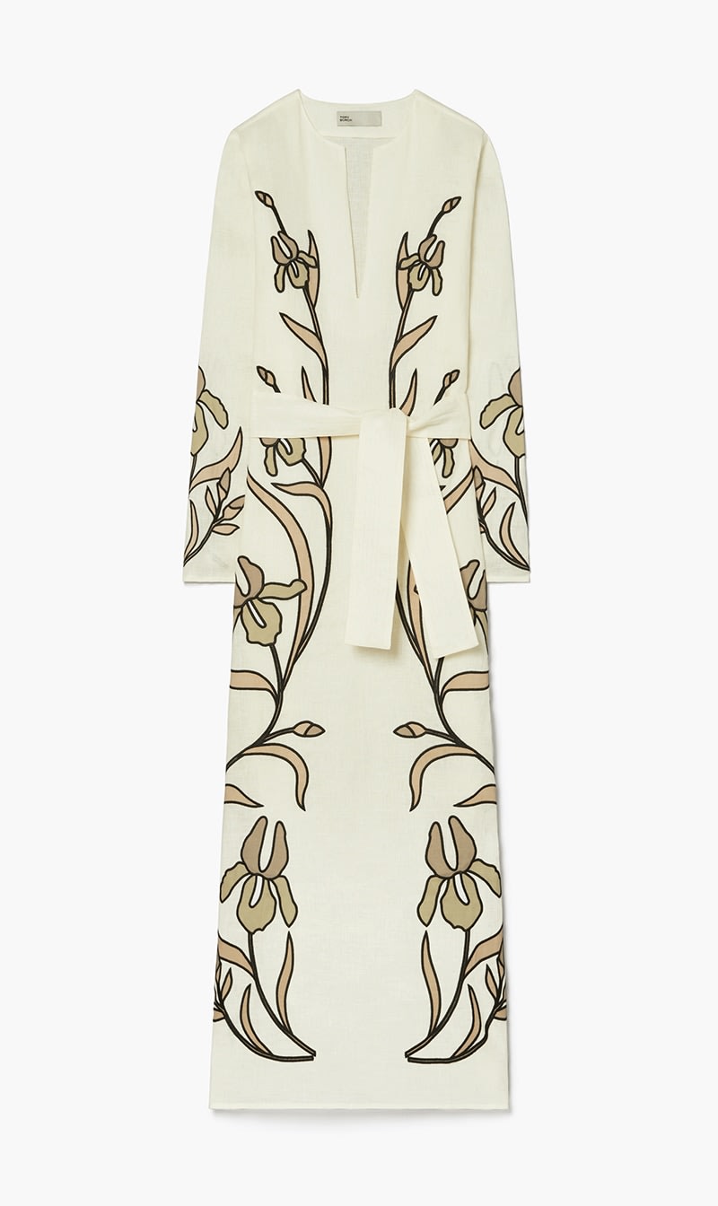 

Tory Burch Beige Applique Linen Caftan for Women | The Deal Outlet