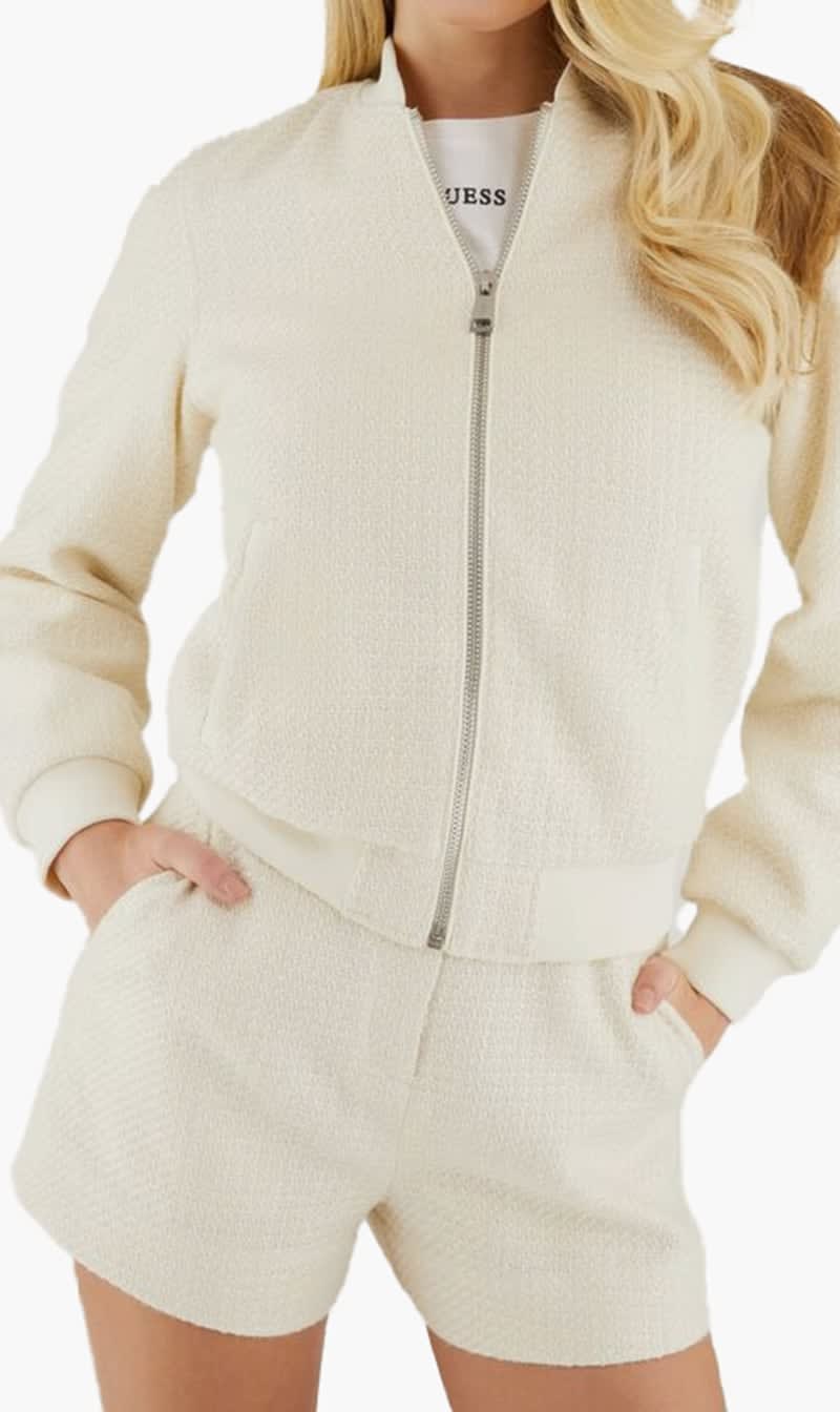 

Guess White Melanie Jacket - Bright Shiny Boucle for Women | The Deal Outlet