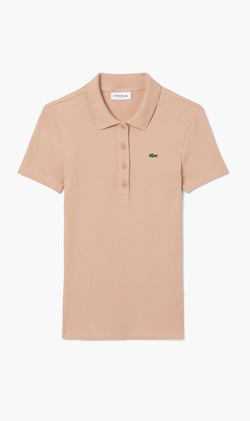 Beige Lacoste Blue Slim Fit Ribbed Cotton Polo Shirt for Women