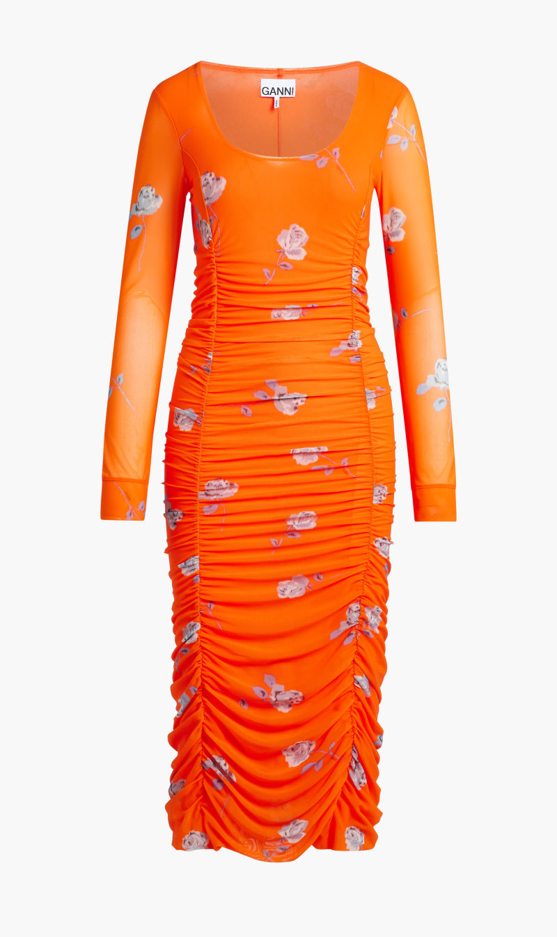 

Ganni Orange Printed Mesh U-neck Ruched Midi Dress for Women | The Deal Outlet