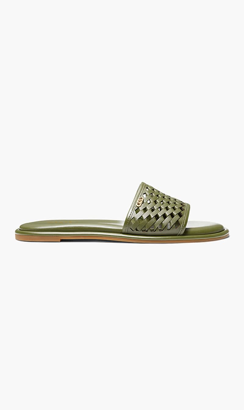 

Michael Kors Green Saylor Hand Woven Leather Slide Sandal for Women | The Deal Outlet