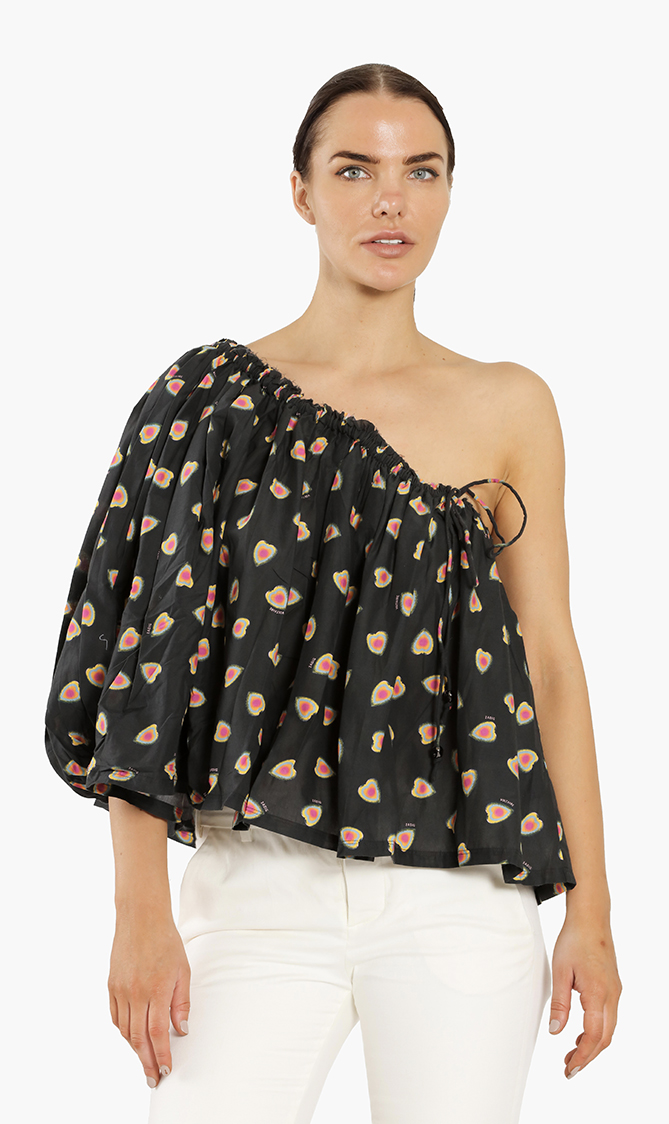 

True Print Asymmetrical Blouse, Black