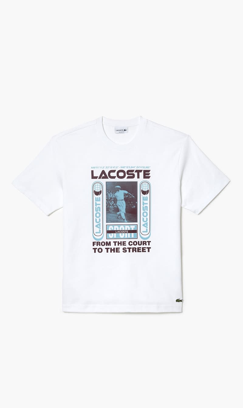 

Lacoste White Relaxed Fit Rene Lacoste Print T-shirt for Men | The Deal Outlet