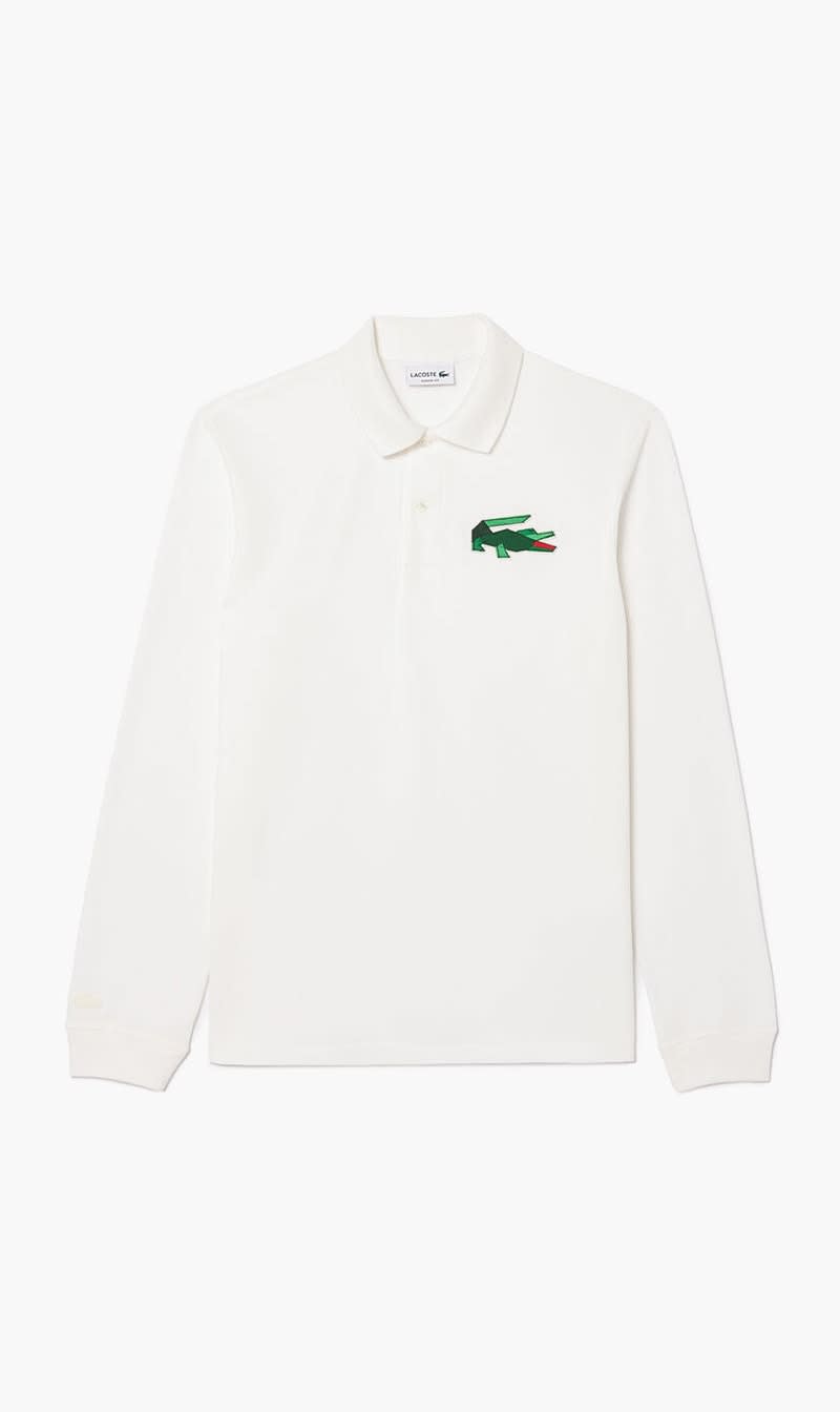 White Lacoste Blue Classic Fit Long Sleeved Polo Shirt for Men