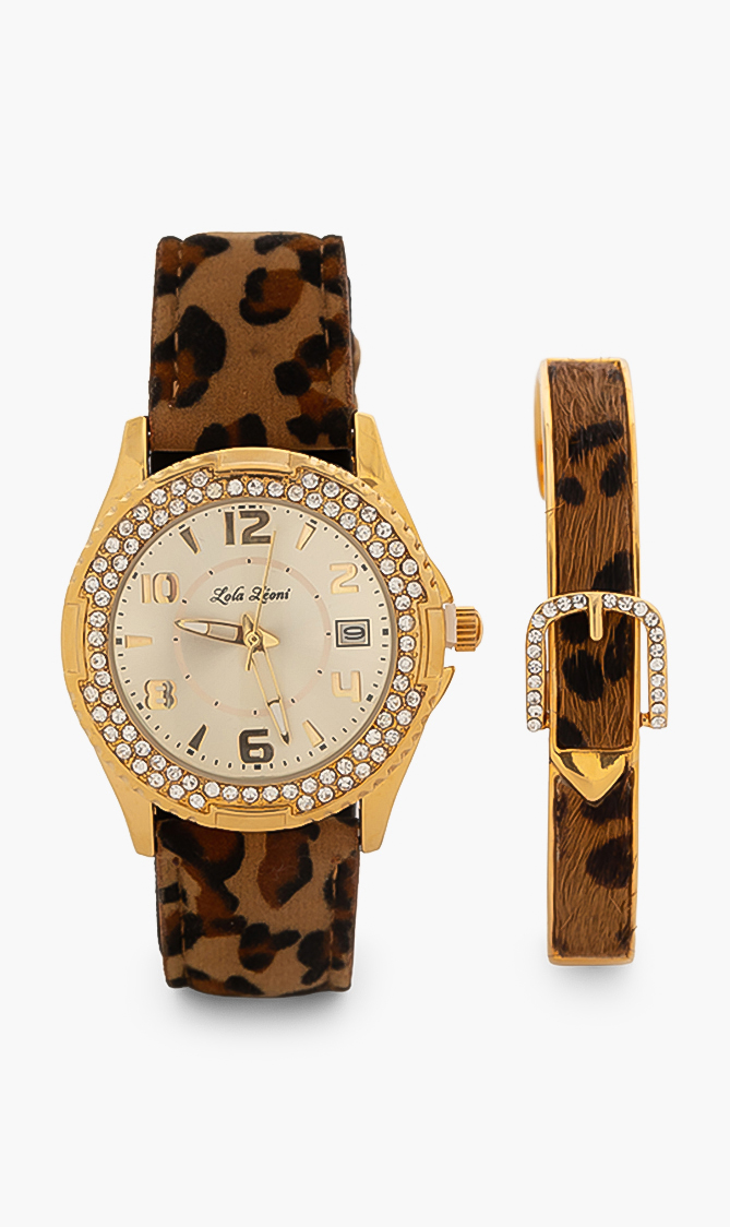 Leopard Print Analog Watch And Bangle Set, Black