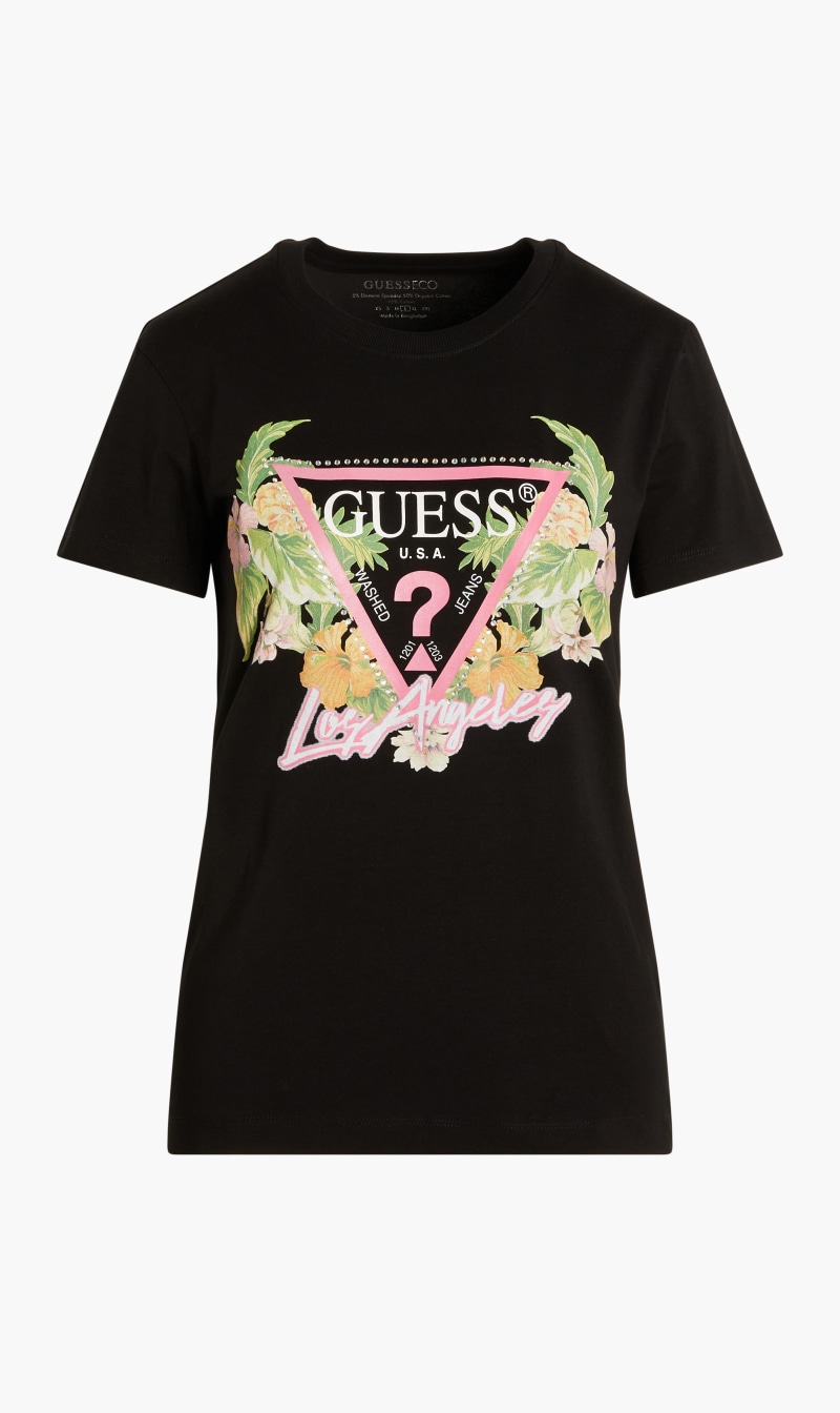 

Guess Black Short Sleeve Floral Triangle T-shirt for Women | The Deal Outlet