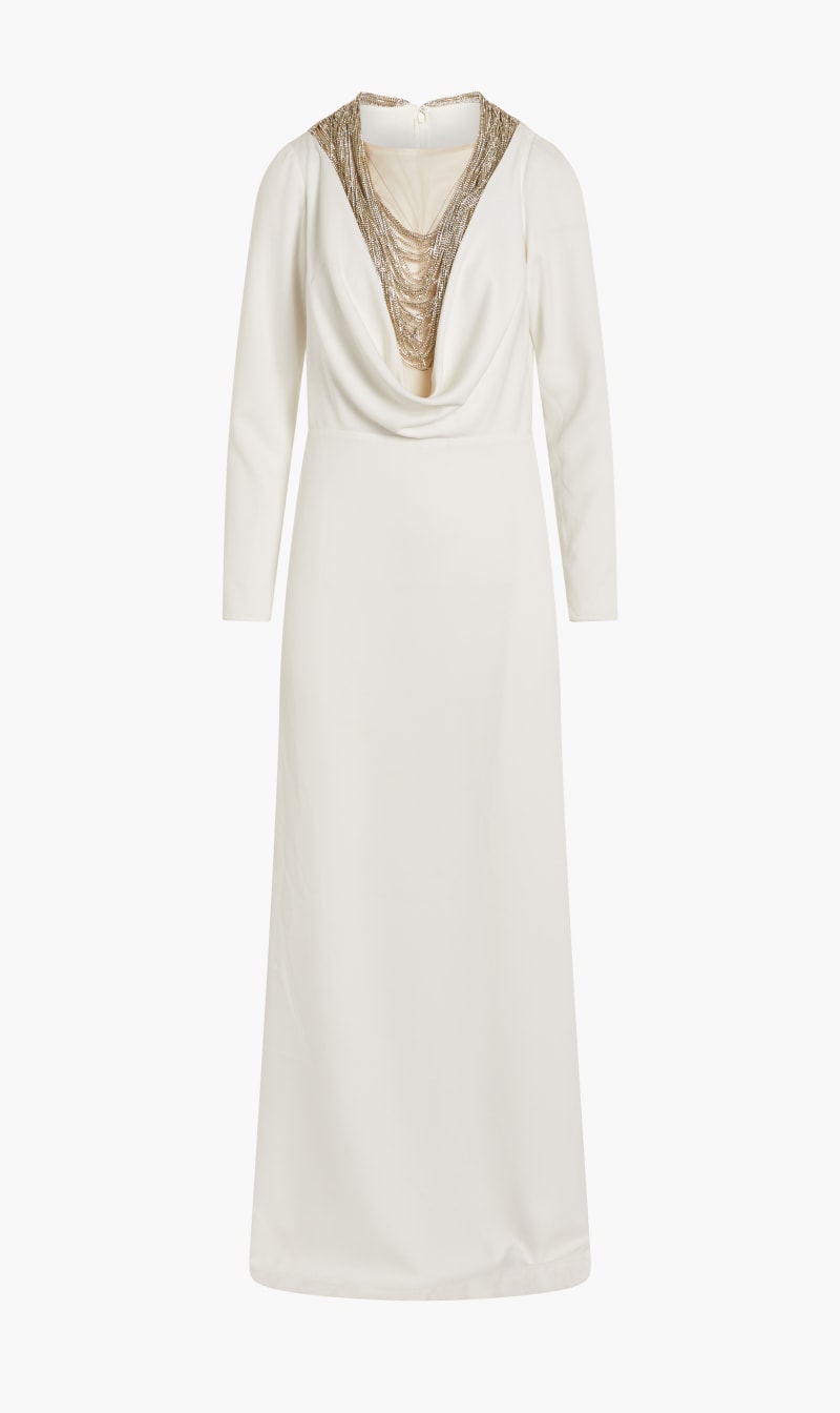 

Costarellos White Felicia - Crepe Cowl-neckline Gown With Draped Crystal Fringe for Women | The Deal Outlet