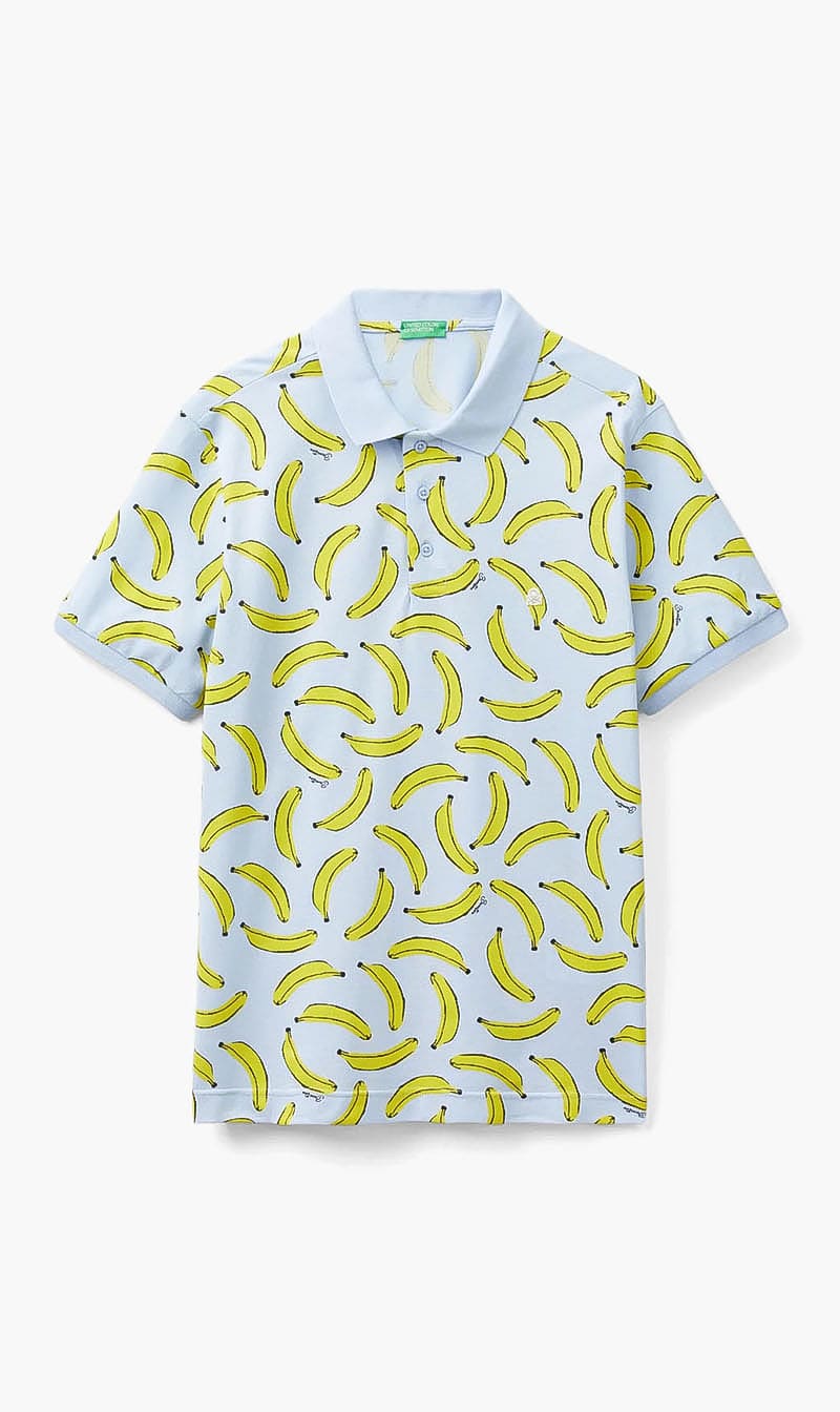United Colors Of Benetton Blue Cotton Polo Shirt With Banana Print for Men