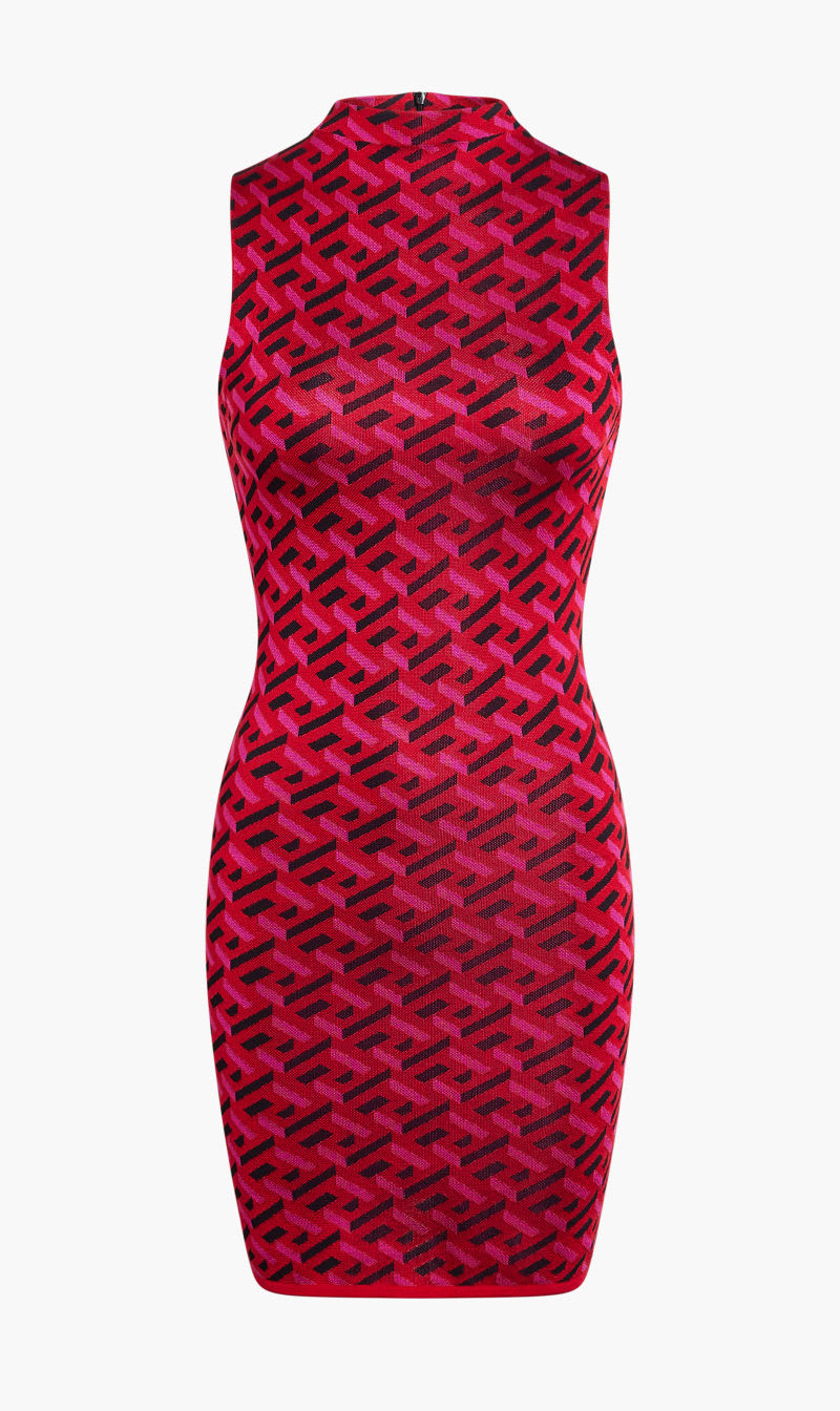 

Versace Red Knit Dress Sl High Neck Slim Jacq Greca for Women | The Deal Outlet