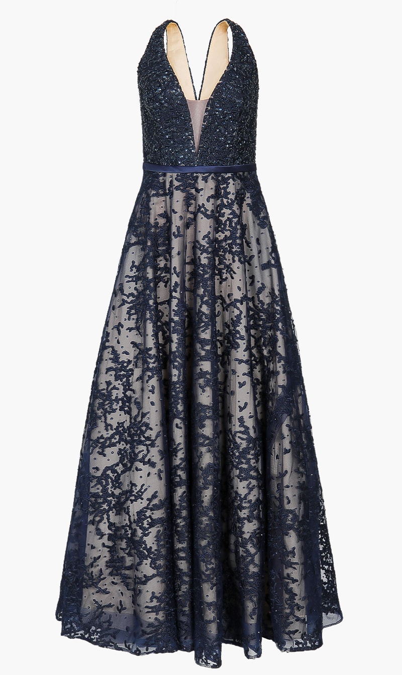

Basix Black Label Blue Deep V Neck Shimmer Gown for Women | The Deal Outlet