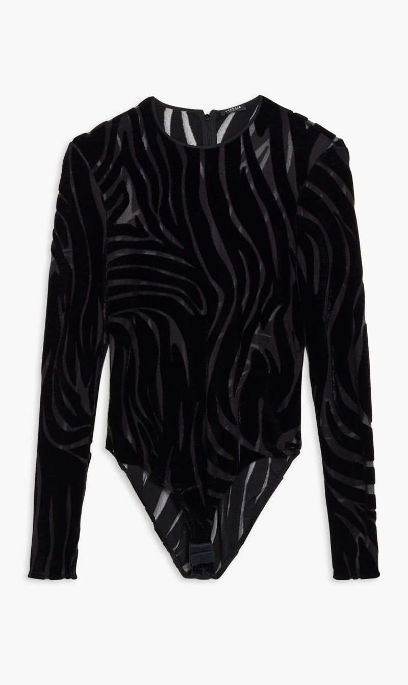 

Versace Black Bodysuit Zebra Jersey Velor Jacquard Fabric for Women | The Deal Outlet