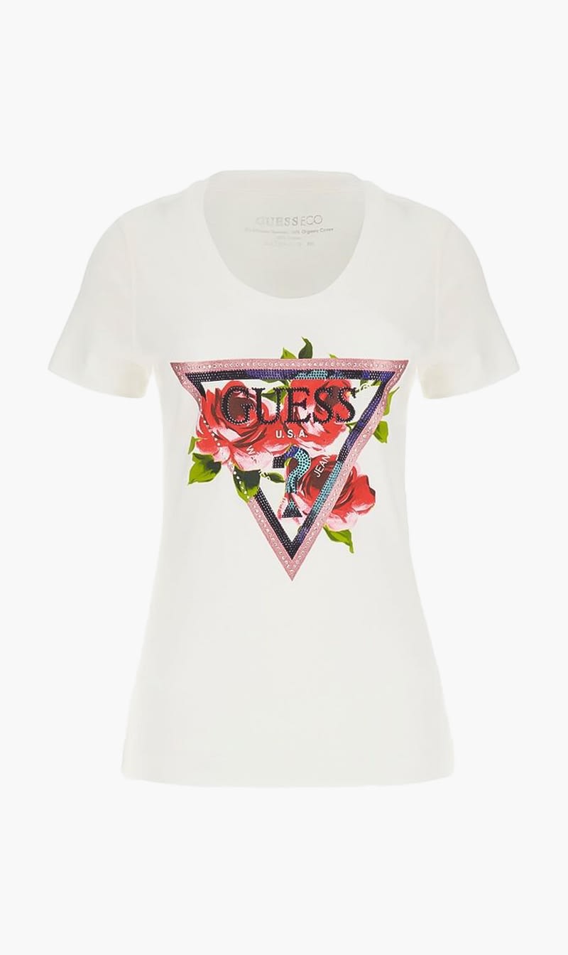

Guess White Ss Cn Roses Triangle Tee for Women | The Deal Outlet