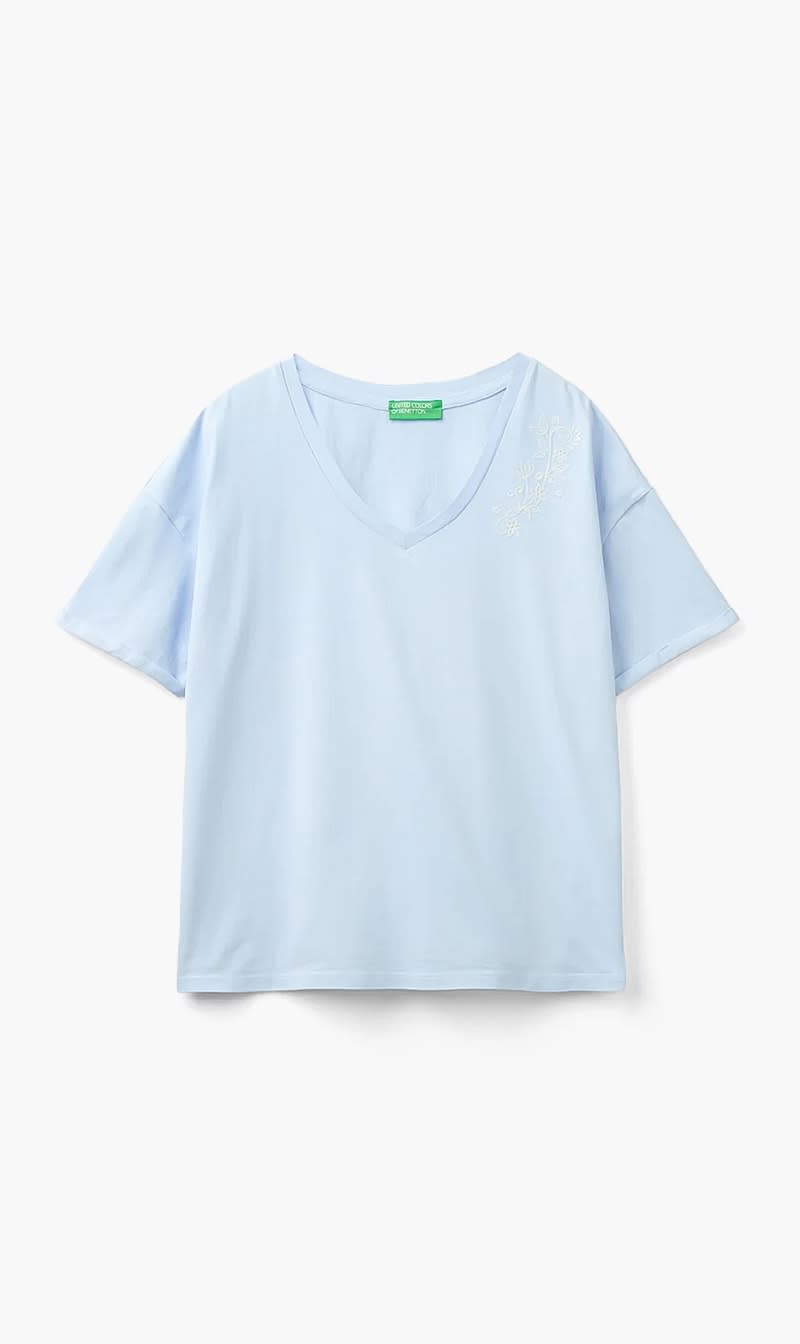 Blue United Colors Of Benetton White T-shirt With Floral Embroidery for Women