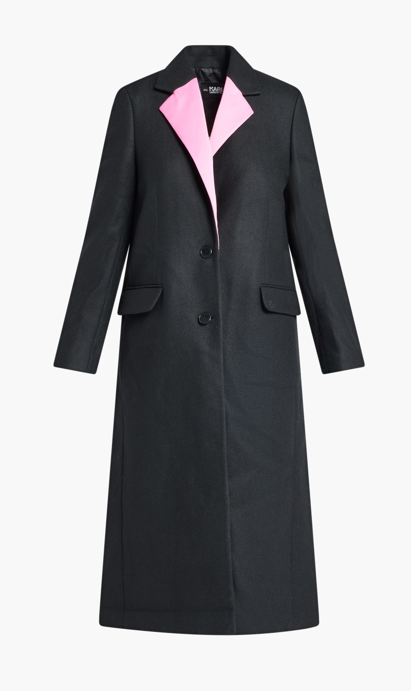 

Karl Lagerfeld Black Satin Lapel Tailored Coat for Women | The Deal Outlet